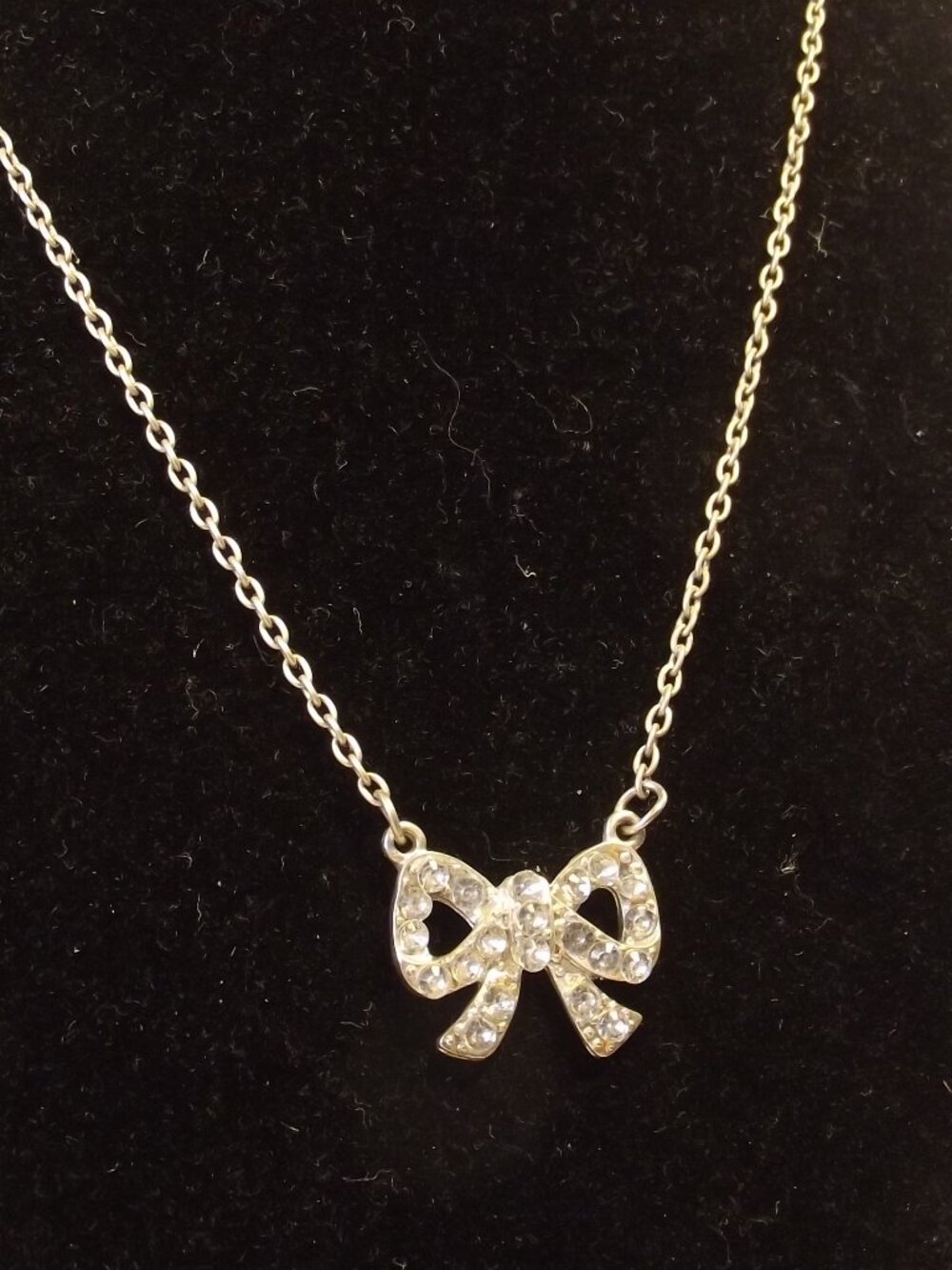 Cute Bow Necklace Vintage Silver Tone Rhinestone Bow